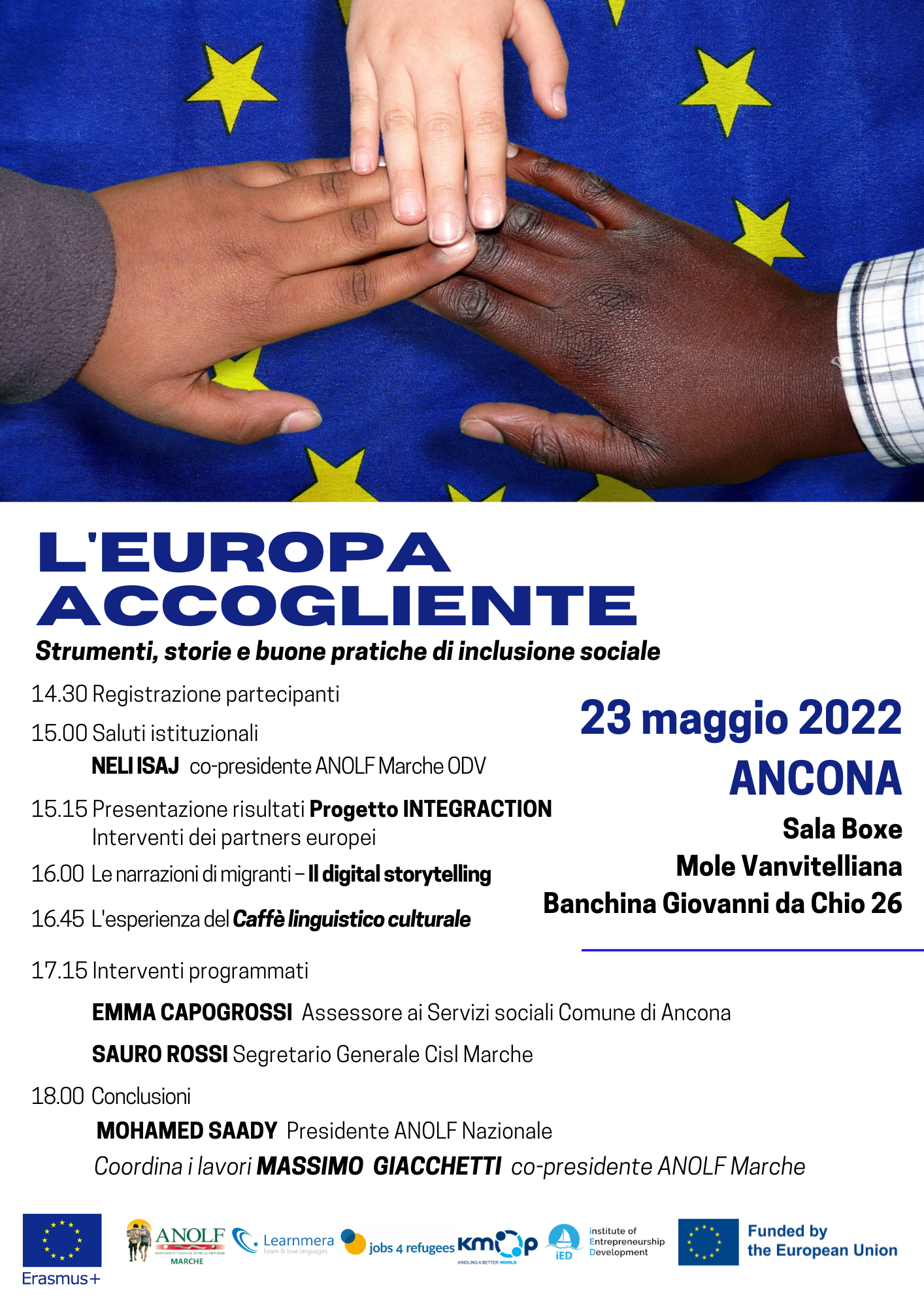Convegno ANOLF Marche, lunedì 23 maggio. “L’Europa accogliente. Strumenti, storie e buone pratiche di inclusione sociale ”
