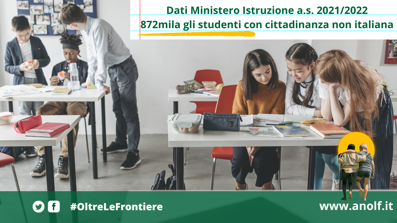 Disponibili i dati del Ministero dell’istruzione e del Merito per l’a.s. 2021/2022, 872mila gli studenti con cittadinanza non italiana.